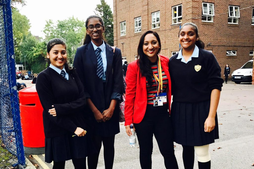 Satvir Kaur photographed with school girls and St Anne's school in central Southampton