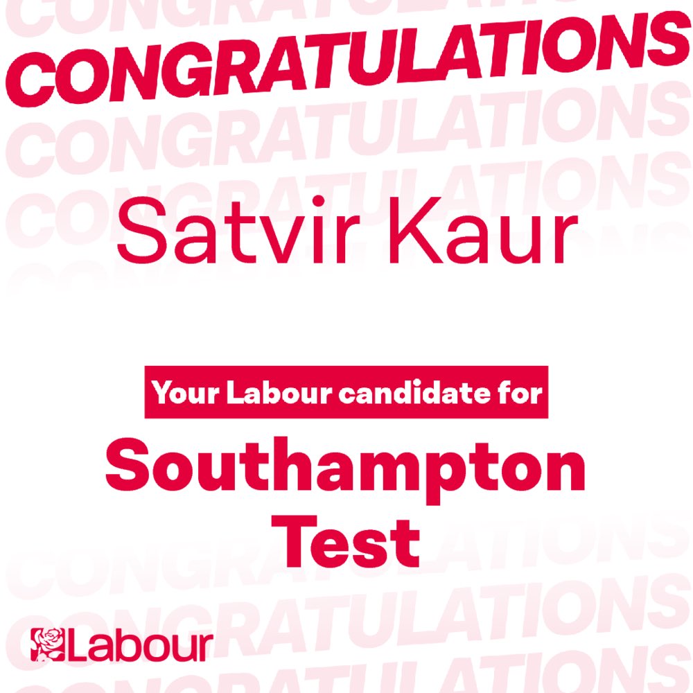 Red and white Labour branded graphic that reads' Congratulations Satvir Kaur, Your Labour candidate for Southampton Test'